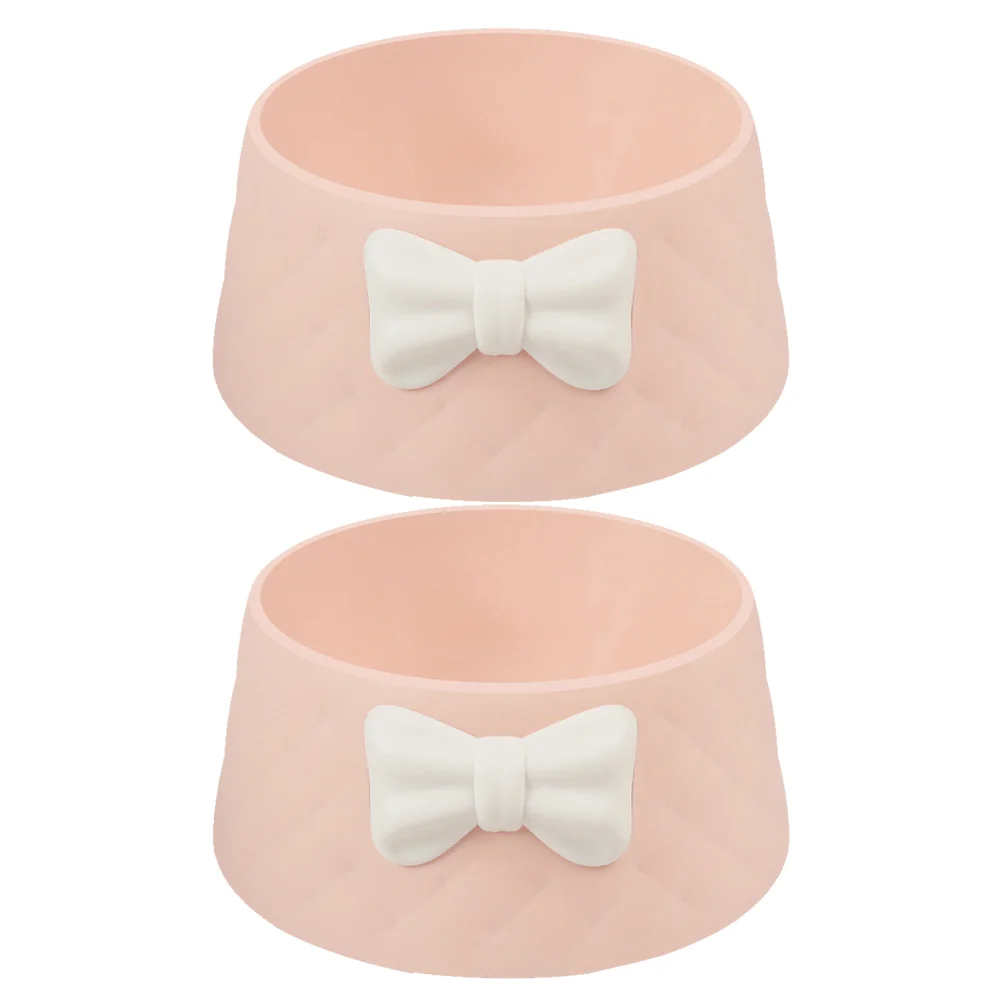 

2pcs Round Bowl Pet Dog Cat Feeder Creative Food Dish Plastic Pet Feeding Bowl with A Bow-knot Decor(Pink)