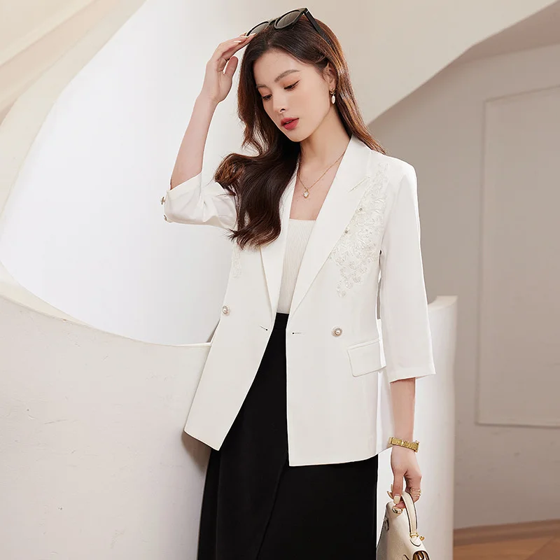 2025 Pink Black White Women Blazer Ladies Mid Sleeve Single Button Suit Jacket Female Slim Casual Jacket Spring Summer Outerwear