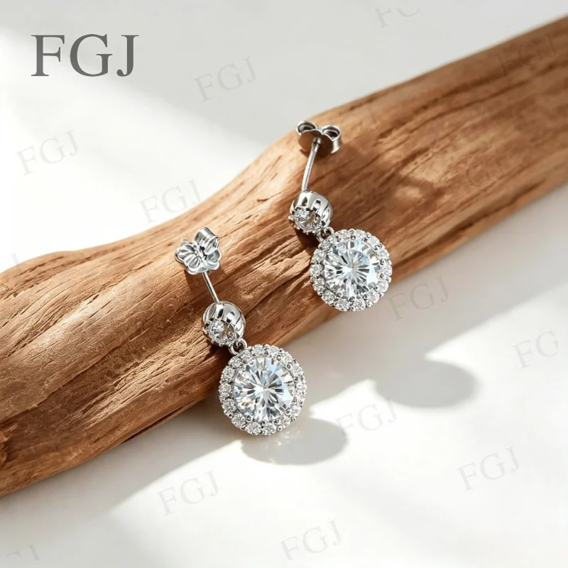 925 Sterling Silber Funkelnde Silber Halo Tropfen-Ohrringe Moissanit Runder Stein Hängeohrringe für Frauen Elegantes Brautgeschenk – Detail 12