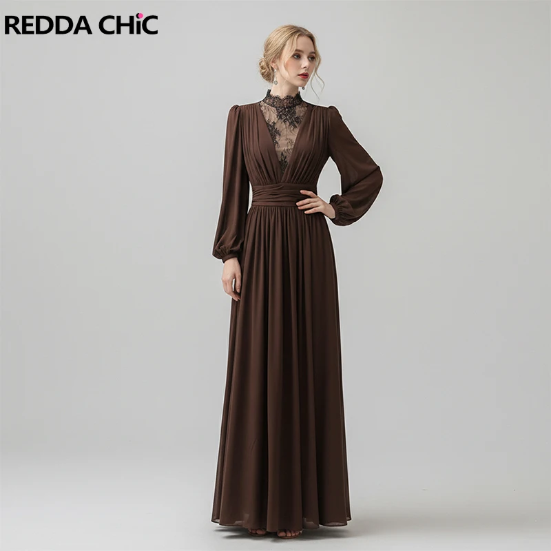 

REDDACHiC Women's Lantern Sleeve Cinched Dress Trendy Vintage Shirred Turtleneck A-line Flowy Maxi Long Dress Autumn Clothes