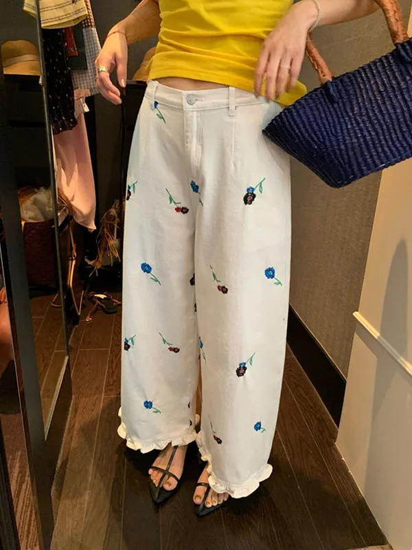 

plus Size Women's Ruffle Trim Embroidered Denim Wide Leg Pants Spring Summer Slimming Drapey Straight Cut Commute Style High ...