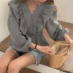 Cute Japan Korean Style Design Clothes 2023 Woman Ruffles Plaid Peplum Baby Shirt Tops Short Blosas