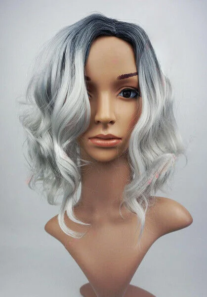 Silver Grey Black Roots Medium Length Beach Waves Wig Synthetic