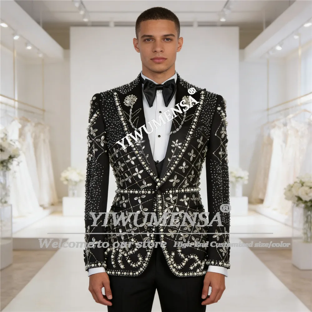 

Metallic Rhinestones Pearls Suits Men Plus Size Unique Design Single Breasted Prom Blazers Pants Customized 2 Piece Ropa Hombre