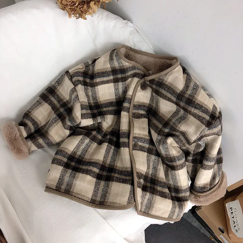 Children\'s Wool Plaid Plush Coat Autumn Winter 2022 winter Rabbit Plush Thickened Cotton Padded Jacket