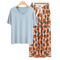 Trendy Lady's Loungewear V Neck Pullover Short Sleeve Pajamas Sets Spring Summer Soft Touch Pants Casual Homewear 2pcs - Image 5