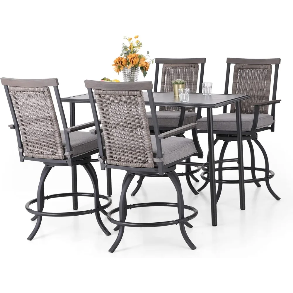 

5 шт. Стол и стулья для улицы, поворотные уличные барные стулья с серой подушкой и металлическим барным столом для всех