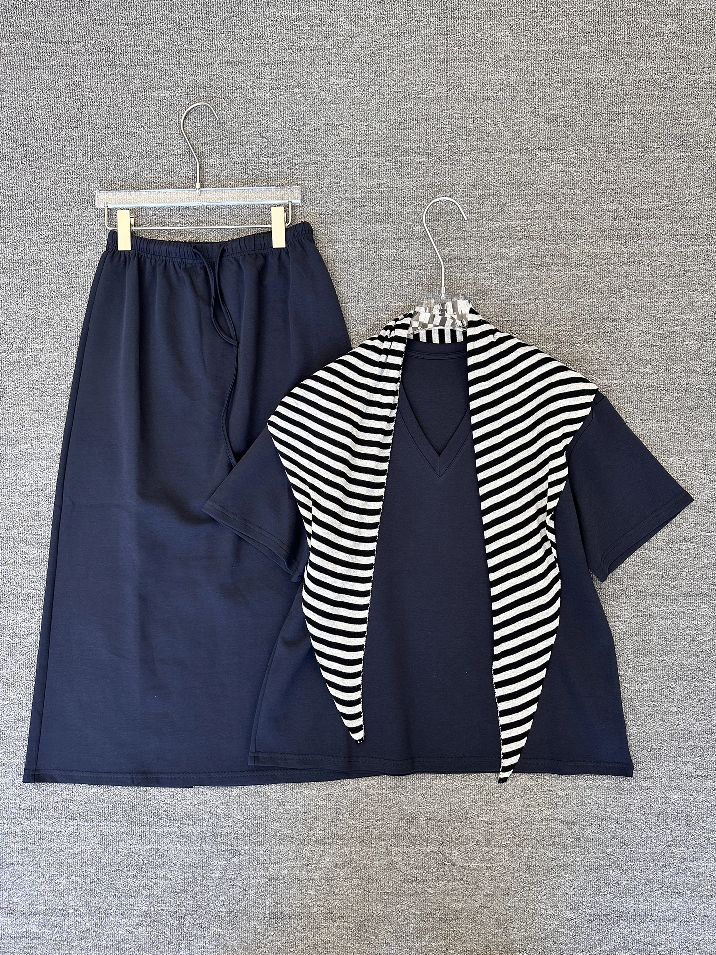 

Summer New Lazy Style Striped Shoulder Shawl Short Sleeve Top Half Skirt Slimming Two-Piece Set Women Breathable Lightweight ...