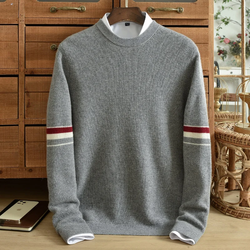 Winter High Quality Pure Cashmere Sweater Men\'s Large Thickened Round Neck Pullover Striped Jacquard Casual Knit Sweater