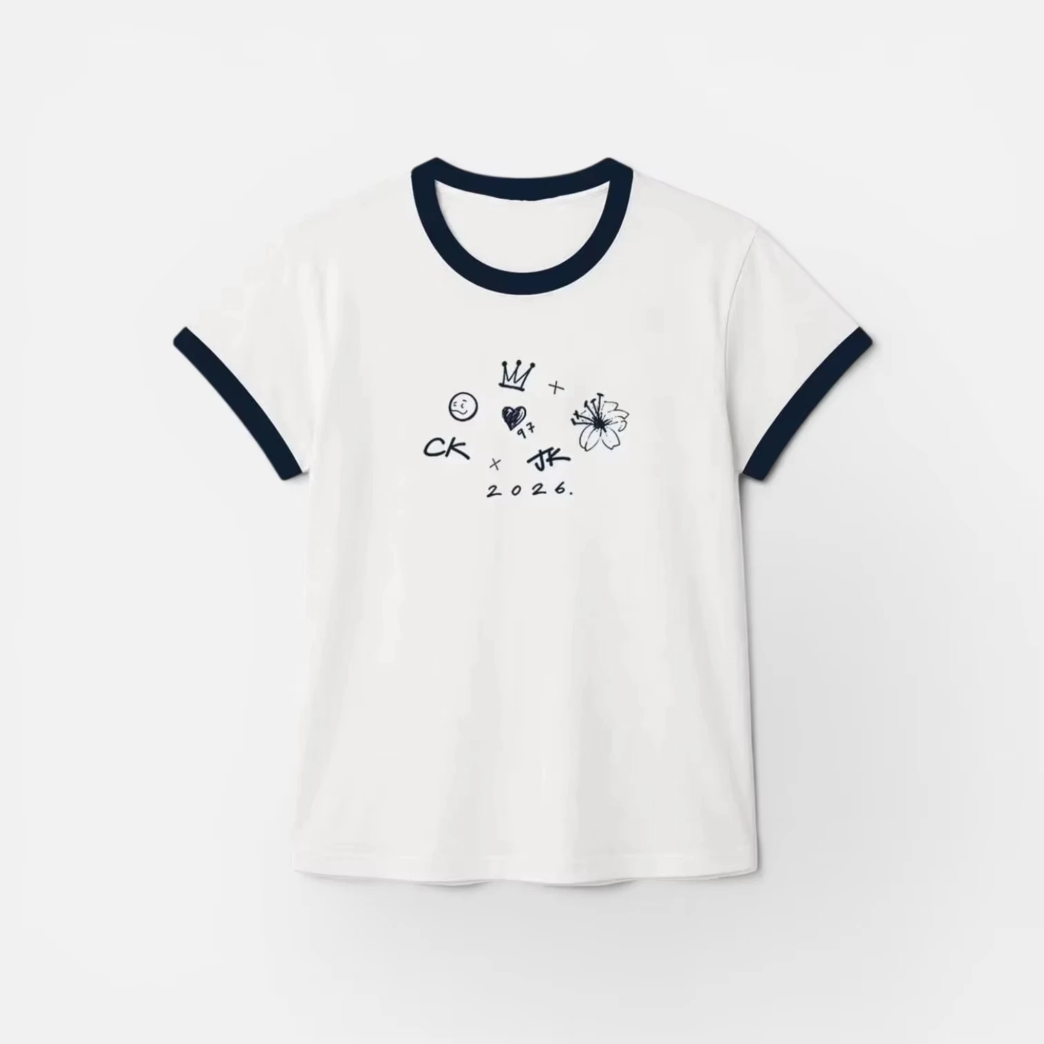 2026 New Round Neck Short Sleeved Color Blocked Black Thread Draft Small Crown Printed Men Women and Children Family Version
