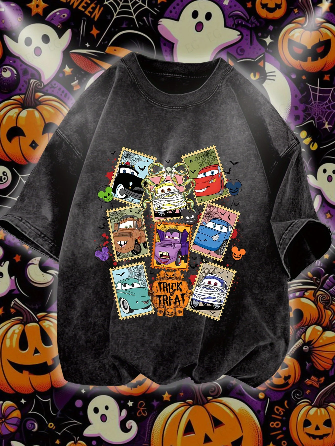 

Disney men's and women's washed T-shirts 230g repeating vintage stamp pattern car theme Halloween party dress up holiday wear