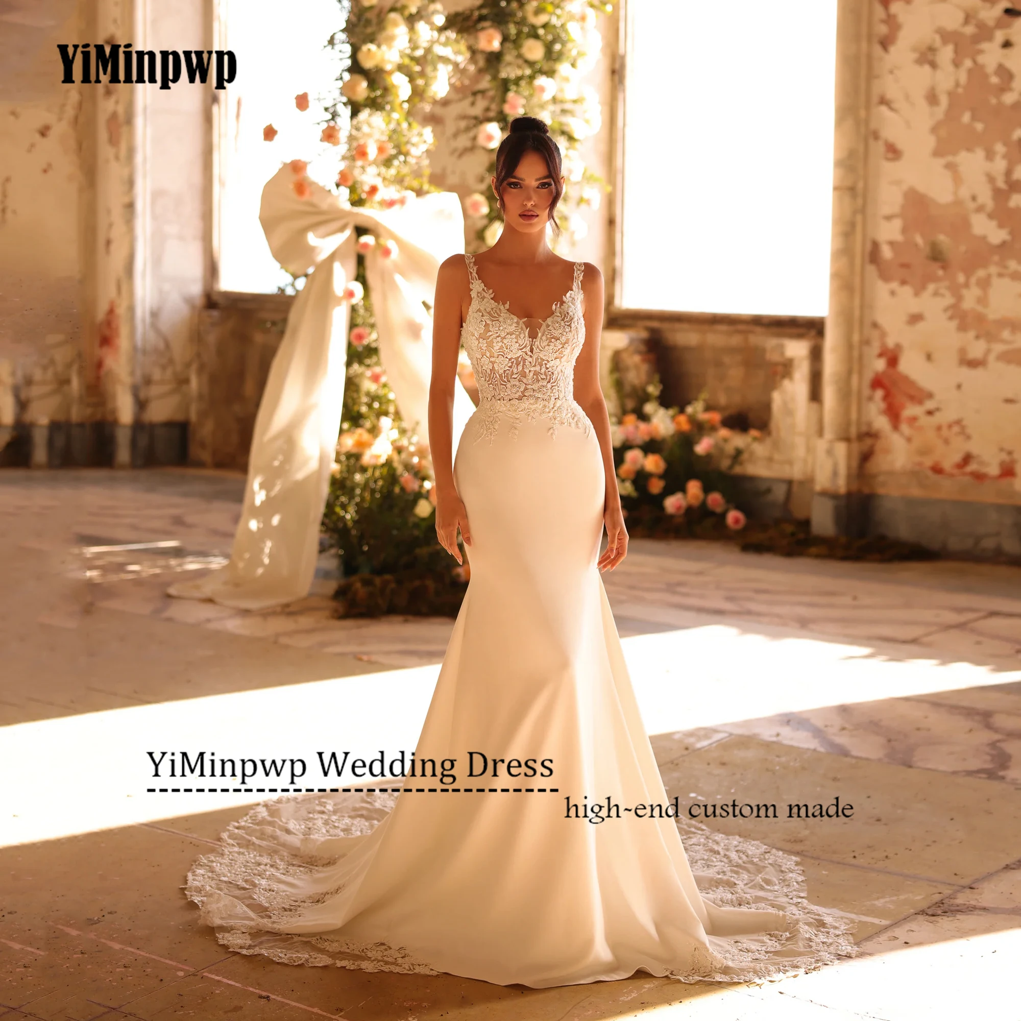 

Customized Spaghetti Straps Lace Wedding Dress Illusion Back Mermaid Satin Vestido De Novia Luxury Bride Gowns Applique V-Neck