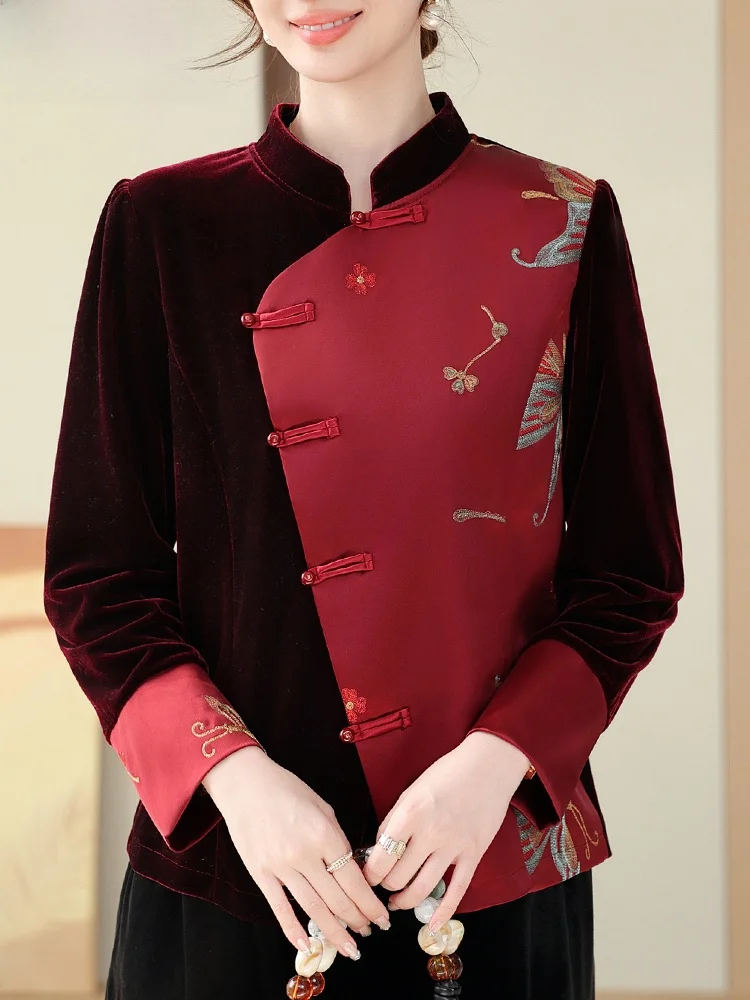 

New Chinese Sle Mommy Spring Faion Gold Velvet Embroidered Top for Middle-Aged And ly Women Loose Fit Long Sve