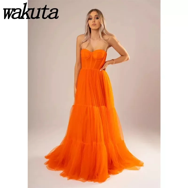 

Wakuta Elegant Orange Color Prom Dresses Sweetheart Tulle Evening Gowns Sexy Off-the-shoulder Wedding Graduate Party Vestidos