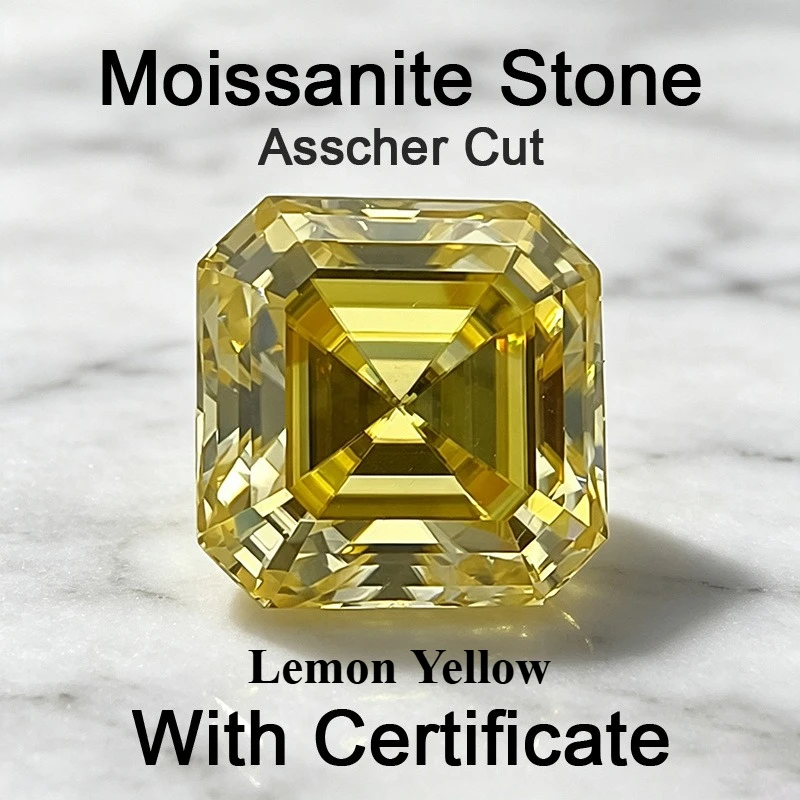 Moissanite Stone Asscher Cut Lemon Yellow Gemstone for DIY Jewelry Ring Necklace Earrings Making Materials with Certificate