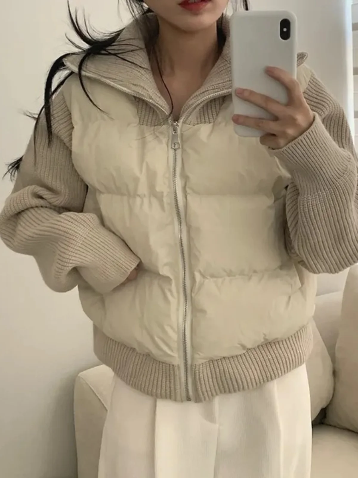 Thickened Knitted Bread Style Jacket High Collar Splicing Design Women's Cotton Coat Slimming Zipper Sense Winter Outerwear