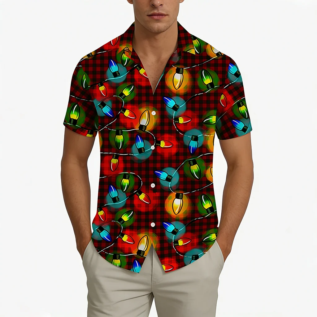 

Christmas Party Casual Men's Shirt Plaid Colorful Lights 3D Print Streetwear Fashion Daily Short Sleeve Blouses Festival Gifts