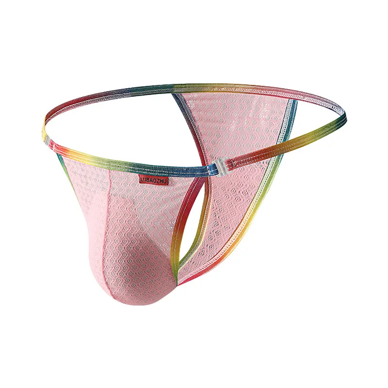 Men's High Elastic Mesh Thong, Rainbow Trim Breathable Ice Silk Pouch T-back Underwear Cross-border Dropshipping Hot Item