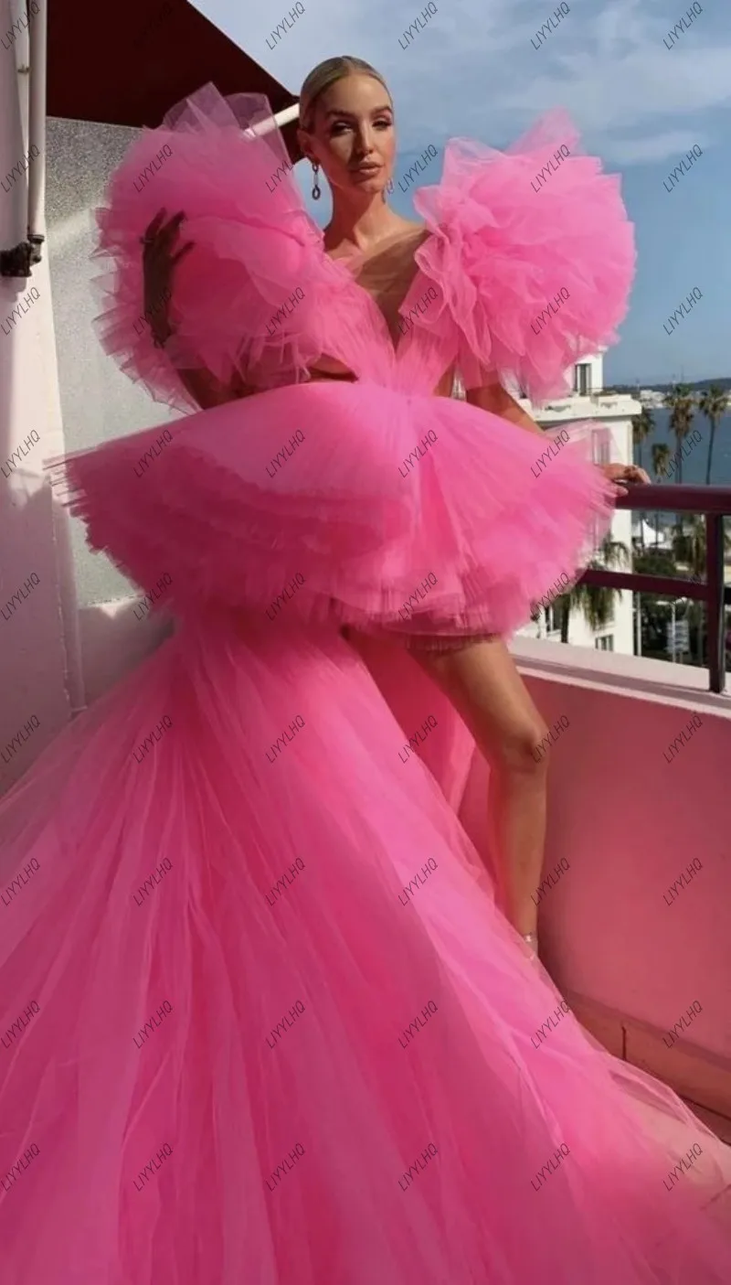 Hot Sale Pink Puffy Party Dresses With Extra Lush Tulle High Low Prom Gown Custom Made Count Train Charming Wedding Guest Dress