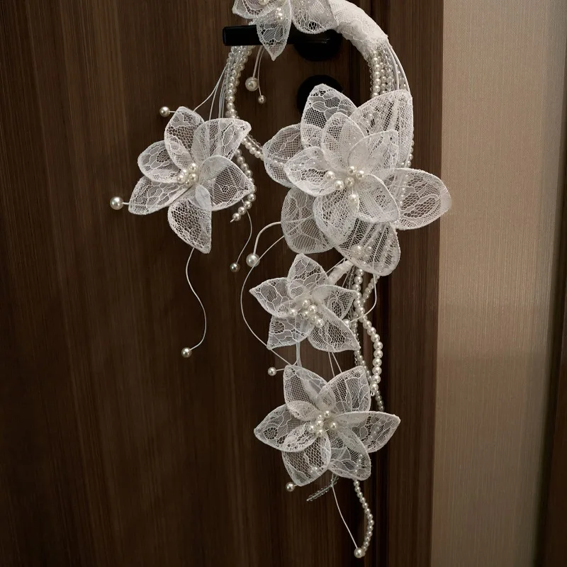 White lace pearl bridal bouquet super fairy dream wedding dress accessories original handmade wedding gifts