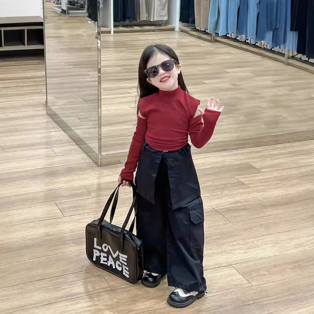 Childrens Clothing Set 2024 Girls' Autumn Fashionable Temperament Base Shirt Casual Fart Curtain Work Pants Two-piece Set