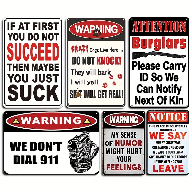 2D Flat 6pcs Vintage Warning Funny Humor Metal Tin Sign Gun Dog Burglar Caution Retro Iron Plaque Yard Garage Home Bar Wall Deco