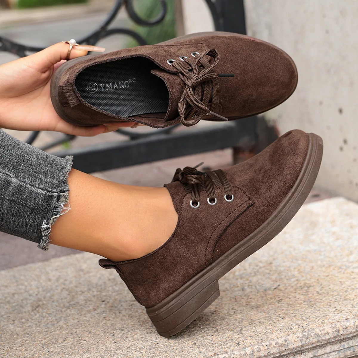Damen Vintage Wildleder Schnürschuhe mit Niedrigem Blockabsatz Rutschfeste Sohle Lässige Tägliche Gehmode Knöchelhohe Stiefel – Detail 16