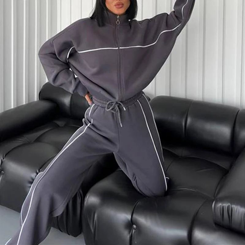 Fashion Patchwork Long Sleeve Coat&Elastic Pants Suits Lady Simple Commute Zipper Outfit Autumn Winter New Casual Sport 2PC Sets