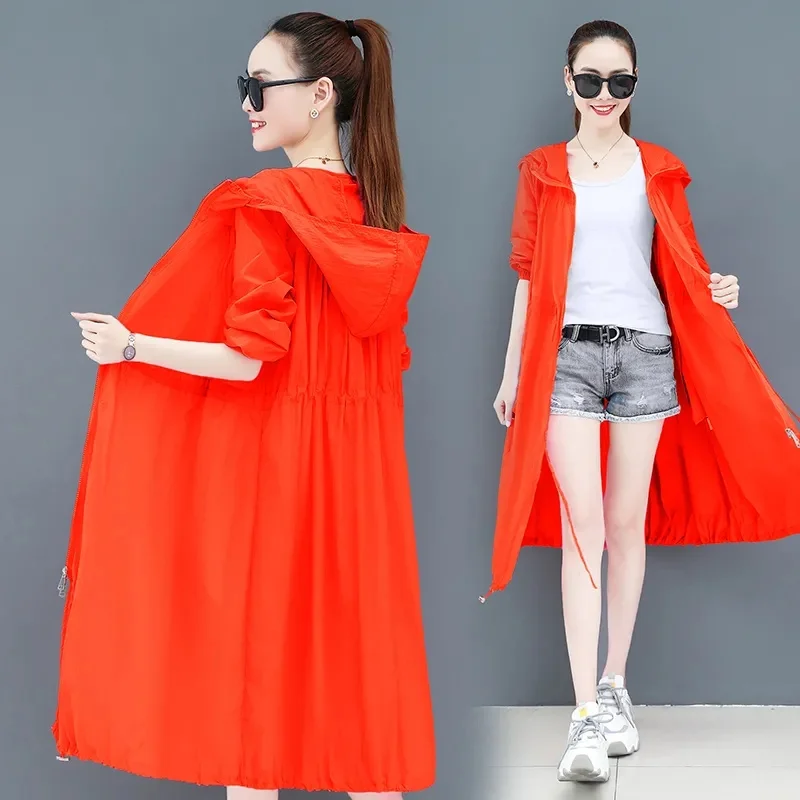 Women's Long Sun Protection Clothing 2023 New Summer Fashion Thin Anti Ultraviolet Outerwear Hooded Jacket Ladies Tops Coats 3XL