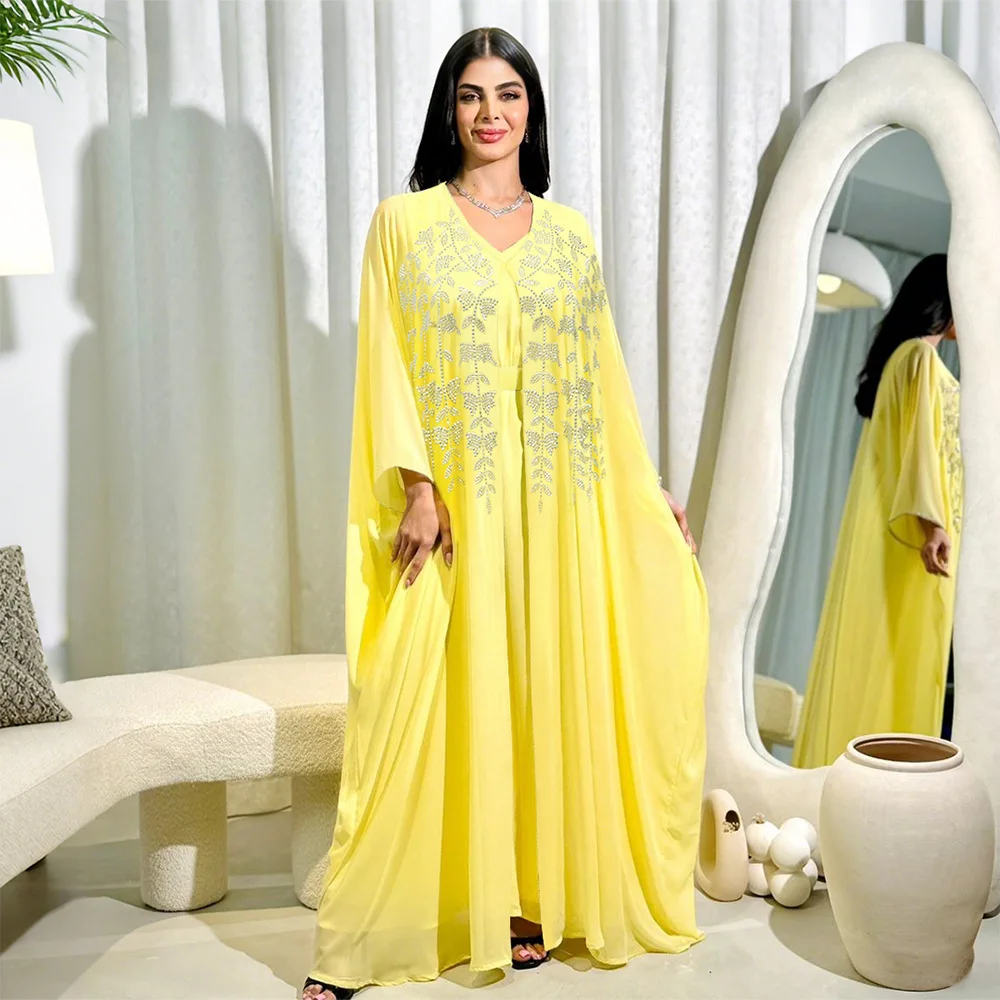 

2PCS Dubai Abayas for Women Muslim Set Kimono Cloak Djellaba Diamonds Dress Eid Matching Ouftits Turkey Kaftan Kebaya Femme Robe