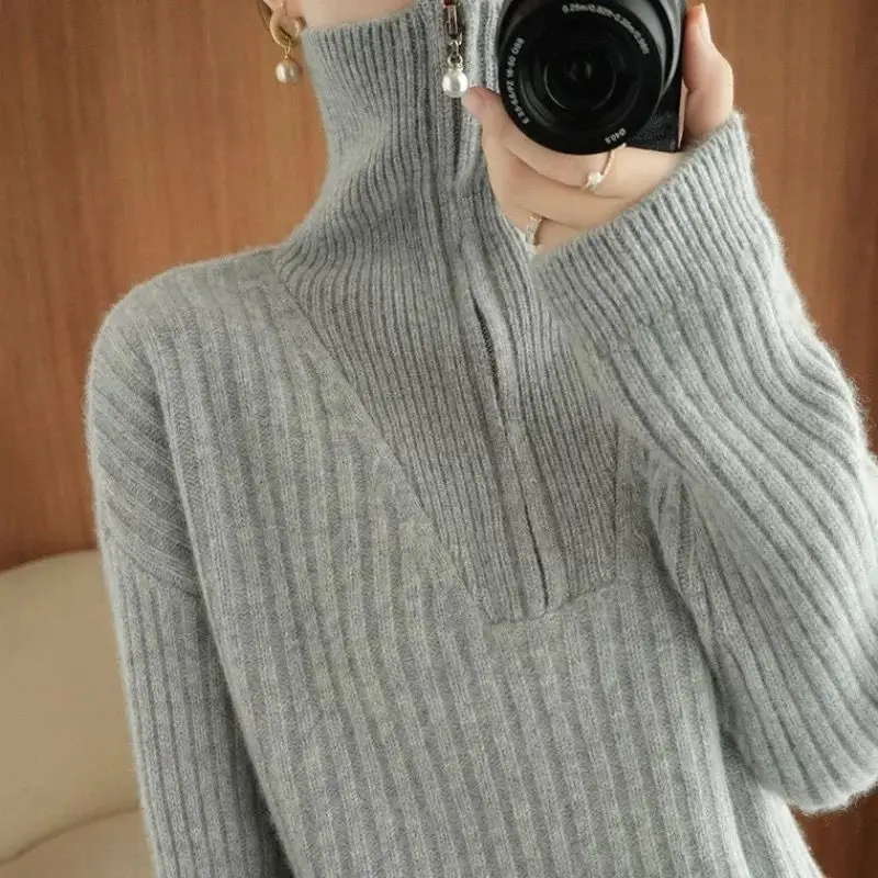 Women Half Turtleneck Zipper Sweater Korean Fashion Solid Colors Knitted Pullover Loose Basic Knitwear Long Sleeve Top Casual