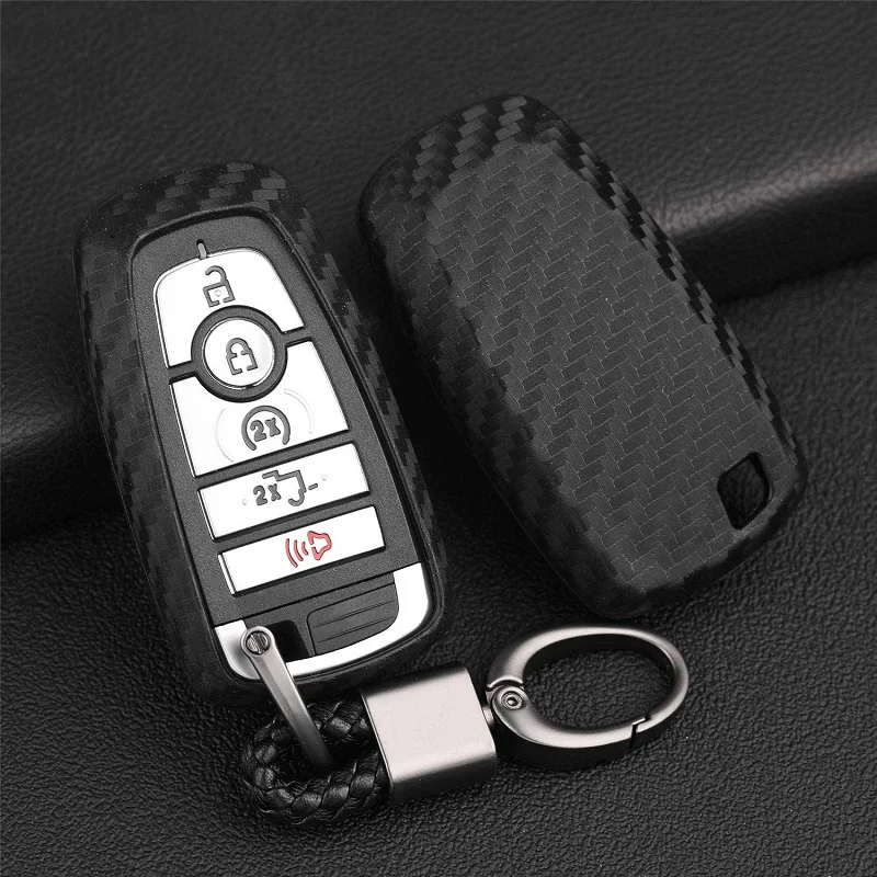 

Car Key Fob Case Cover With Keychain Silicone Carbon Fiber For Ford Explorer F150 2021 2022 Smart Remote Key Shell