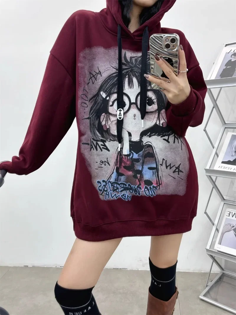 Winter 2024 New European Korean Style Top Medium And Long Hooded Sweatshirt Women\'s Sweet Cute Fleece Loose Casual Skinny Hoodie