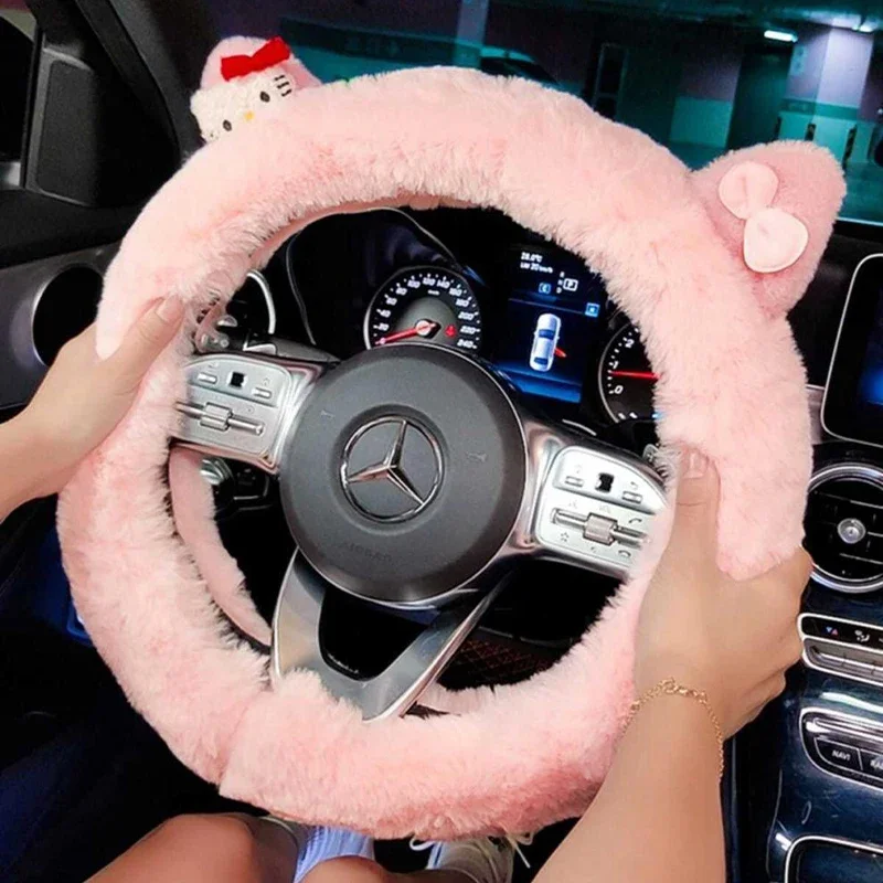 Sanrio Kawaii Hello Kitty Plush Car Steering Wheel Cover My Melody Cinnamoroll Anime Cartoon Cute Warm Non-slip Handlebar Covers