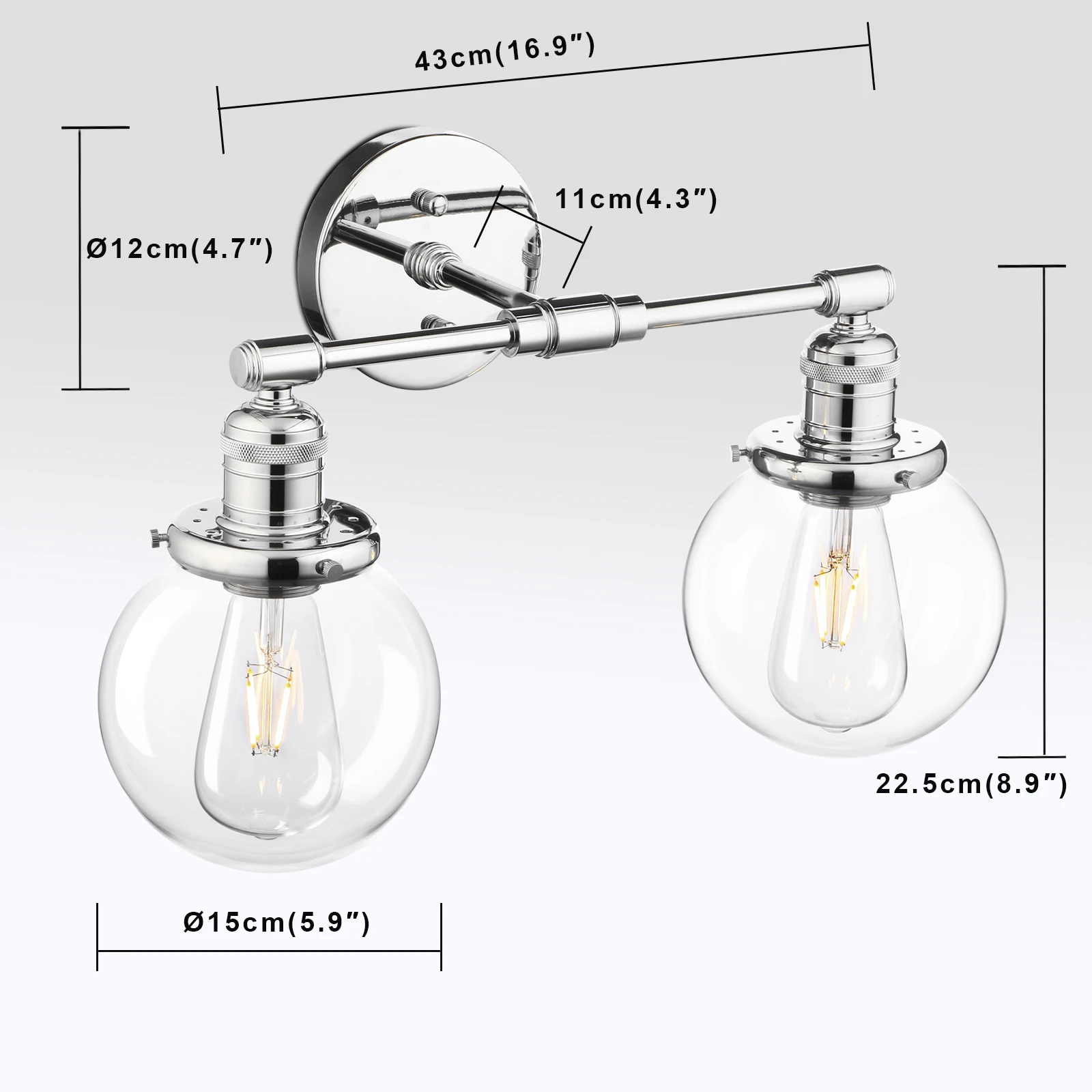 Phansthy Dubbele Schans Vintage Industriële 2-Licht Wandlamp Met 5.9 Inch Heldere Glazen Luifel (Chroom)