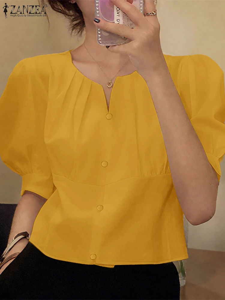 

ZANZEA 2025 Summer Solid Color Pleated Blouses Half Puff Sleeve Vintage Woman V-Neck Shrot Shirts Elegant Fashion Chemise Femme