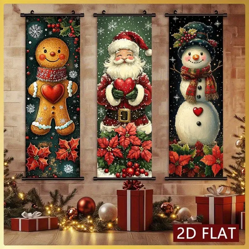 VIKAMA Christmas Scroll Tapestry Santa Gingerbread Snowman Wall Hanging Christmas Party Background Decoration