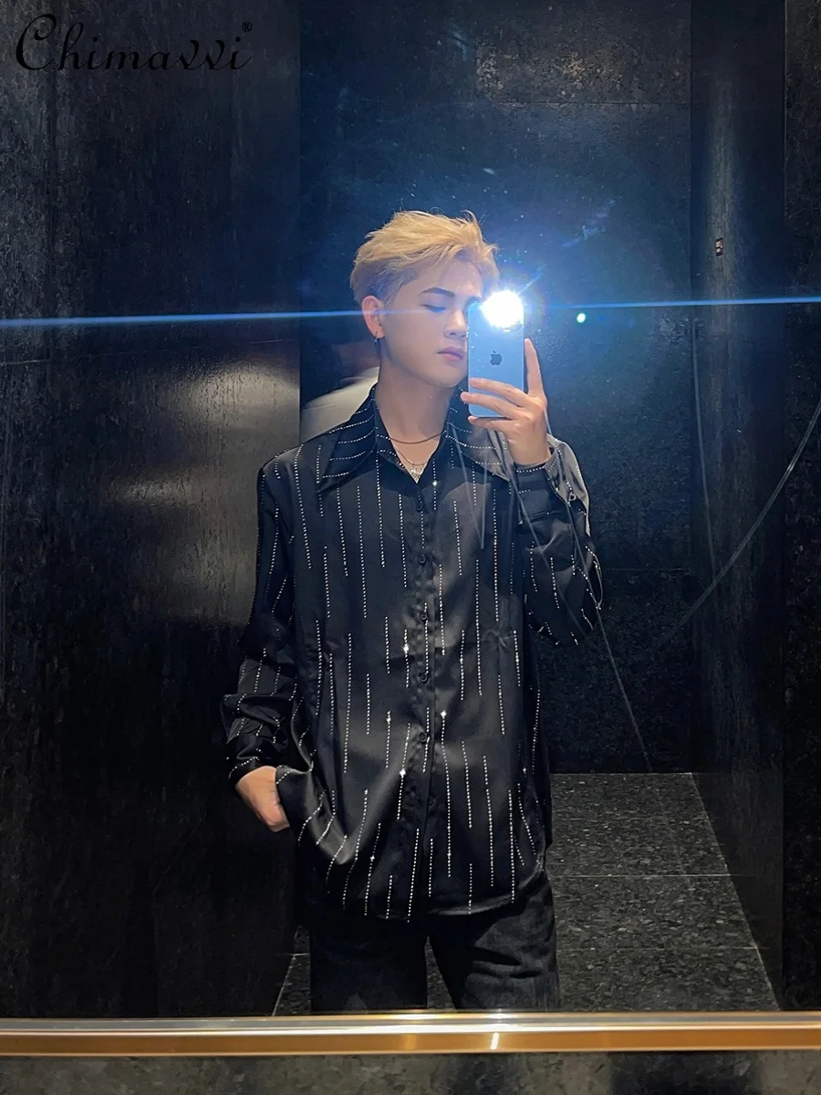 Heavy Industry Vertical Bar Hot Drilling Shirt Men's High-end Korean Style Fashion Loose Handsome Versatile Long Sleeve Blouse