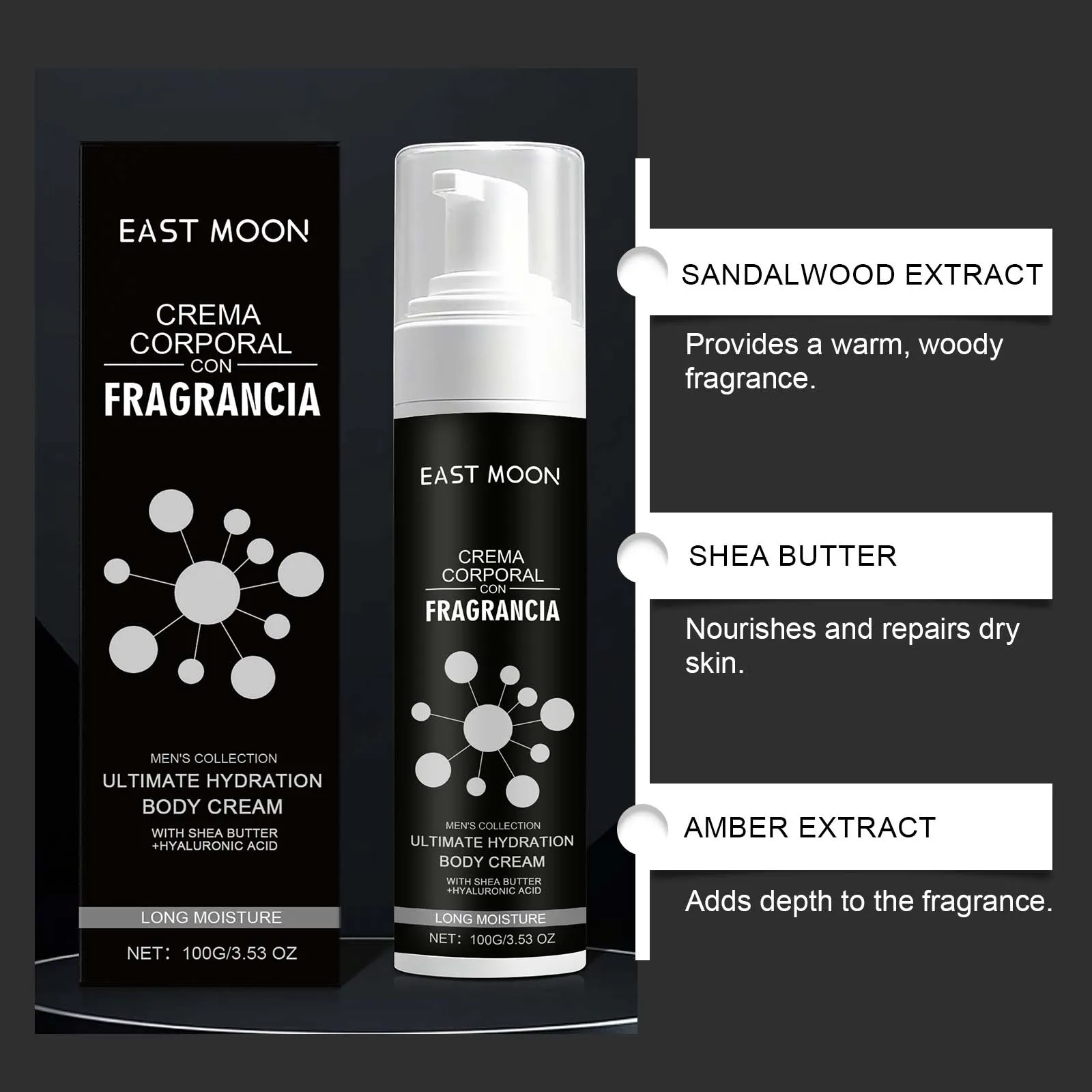 كريم الجسم المعطر للرجال من إيست مون، مستخلص خشب الصندل، غير دهني، سريع الامتصاص، يحسن مرونة نسيج البشرة الجافة #3