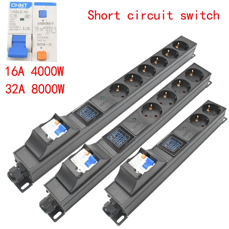 PDU Power Strip Power Cabinet Rack 16/32A Short circuit switch 1-8 Way EU Outlet Socket with Digital Ammeter Surge protection