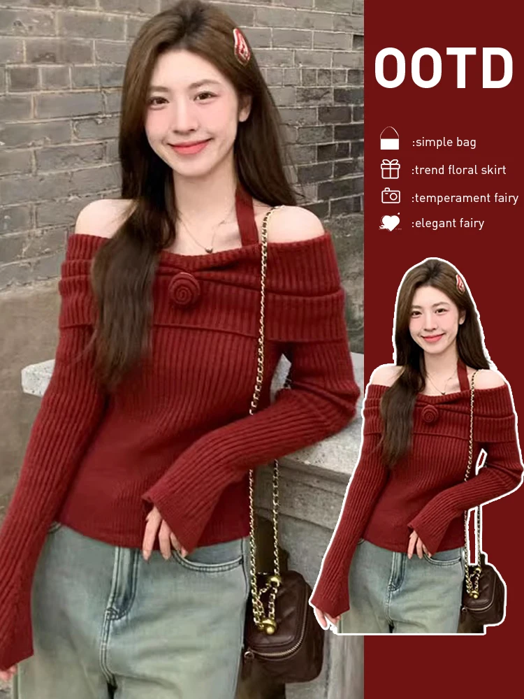 

Красный вязаный свитер Cisas, женский свитер с полосками, осенне-зимняя внутренняя одежда, милый облегающий длинный све