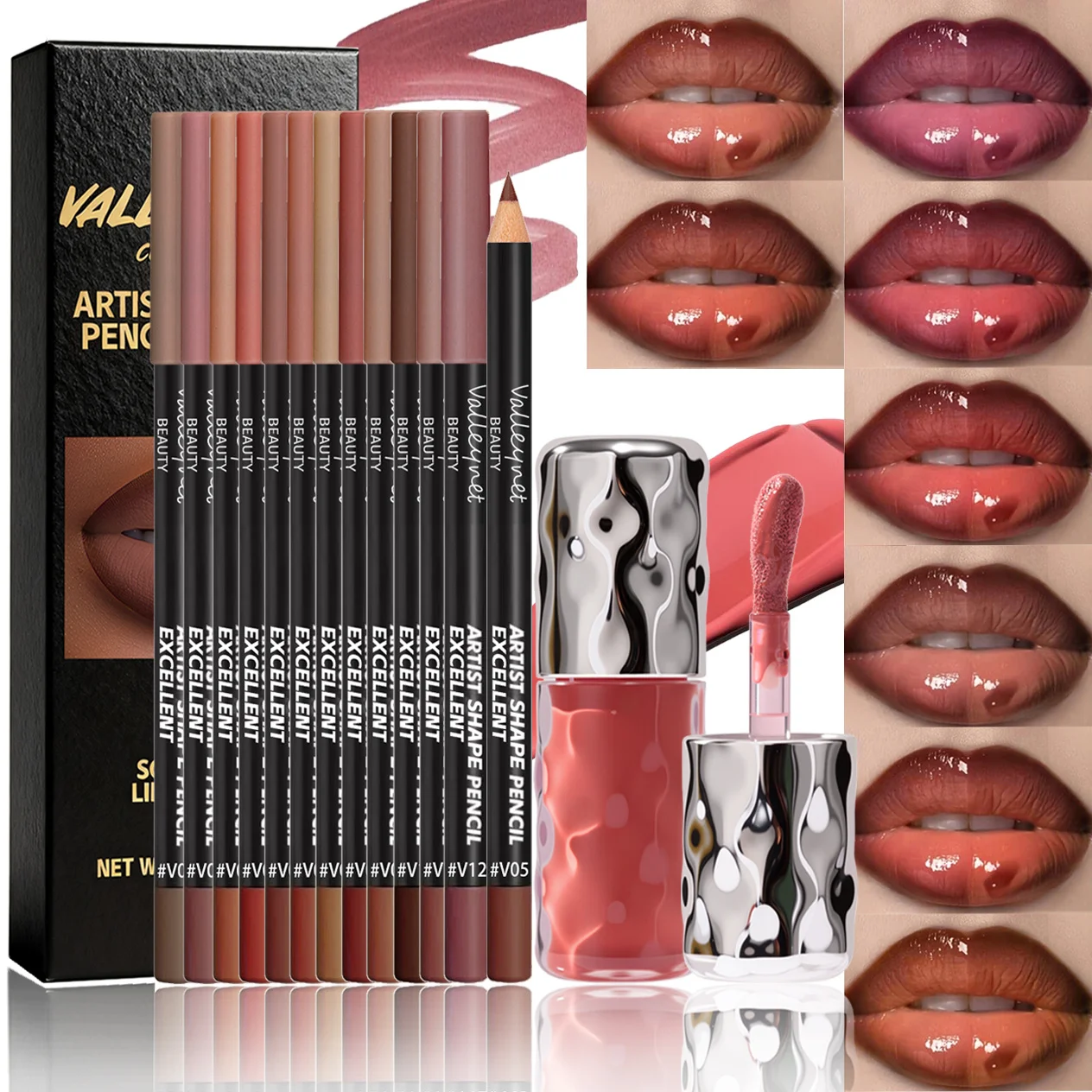 13Pcs Lip Makeup Set 12 Matte Lip Liners & 1 Lip Gloss, Long Lasting Waterproof Velvety Texture For Natural Dewy Daily Lip Look