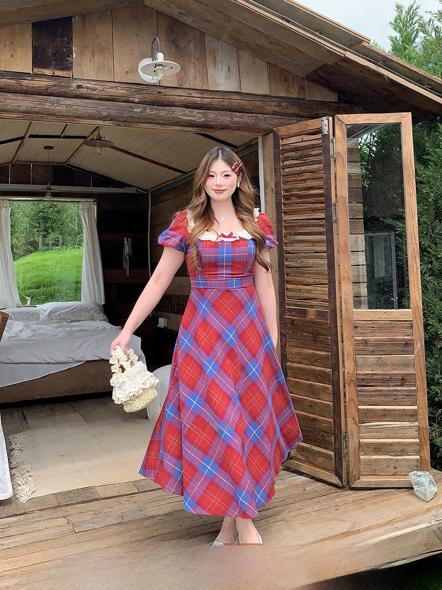 

Красная клетчатая юбка-трапеция Dr SOUL Red id Dr Dr для женщин больших размеров, в стиле ретро, с высокой талией и пышными рукавами