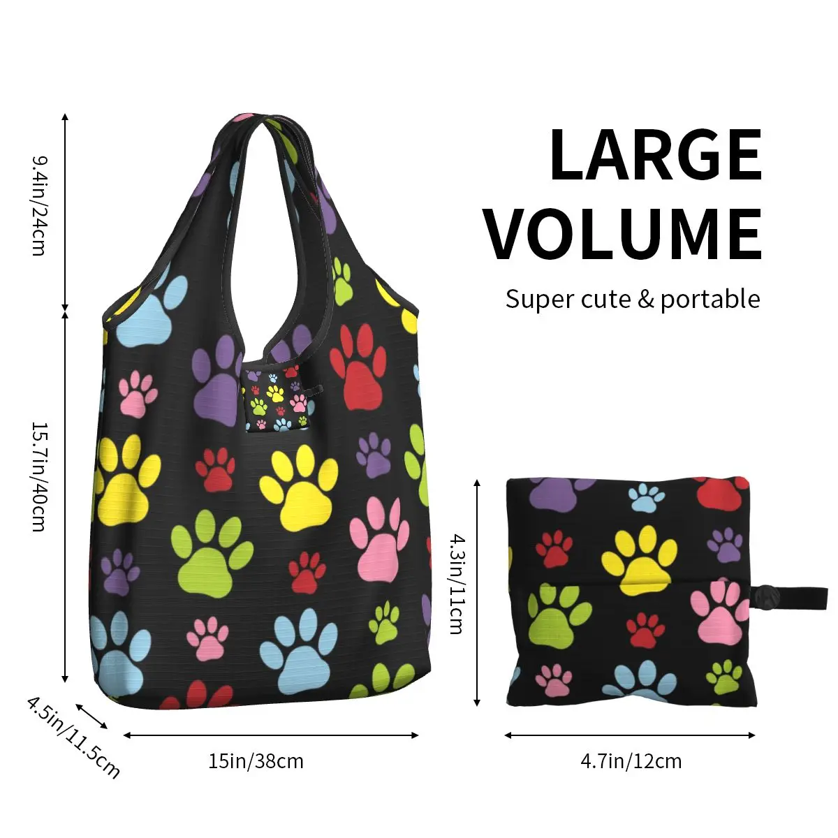 Colorful Paws Pattern Grocery Shopping Bags Cute Shopper Tote Shoulder Bags Big Capacity Portable Dog Paw Prints Pet Handbag