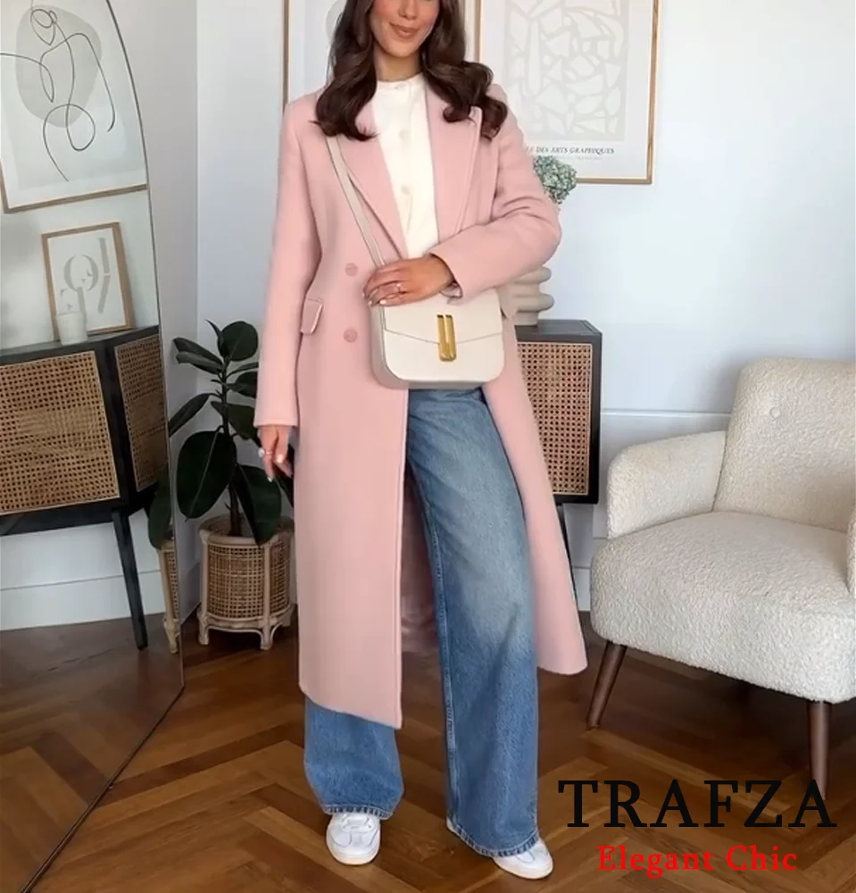 

TRAFZA Women Sweet Long Coat Lapel Buttons Pockes Coat New 2025 Fashion Fall Winter High Street Commuter Long Coat