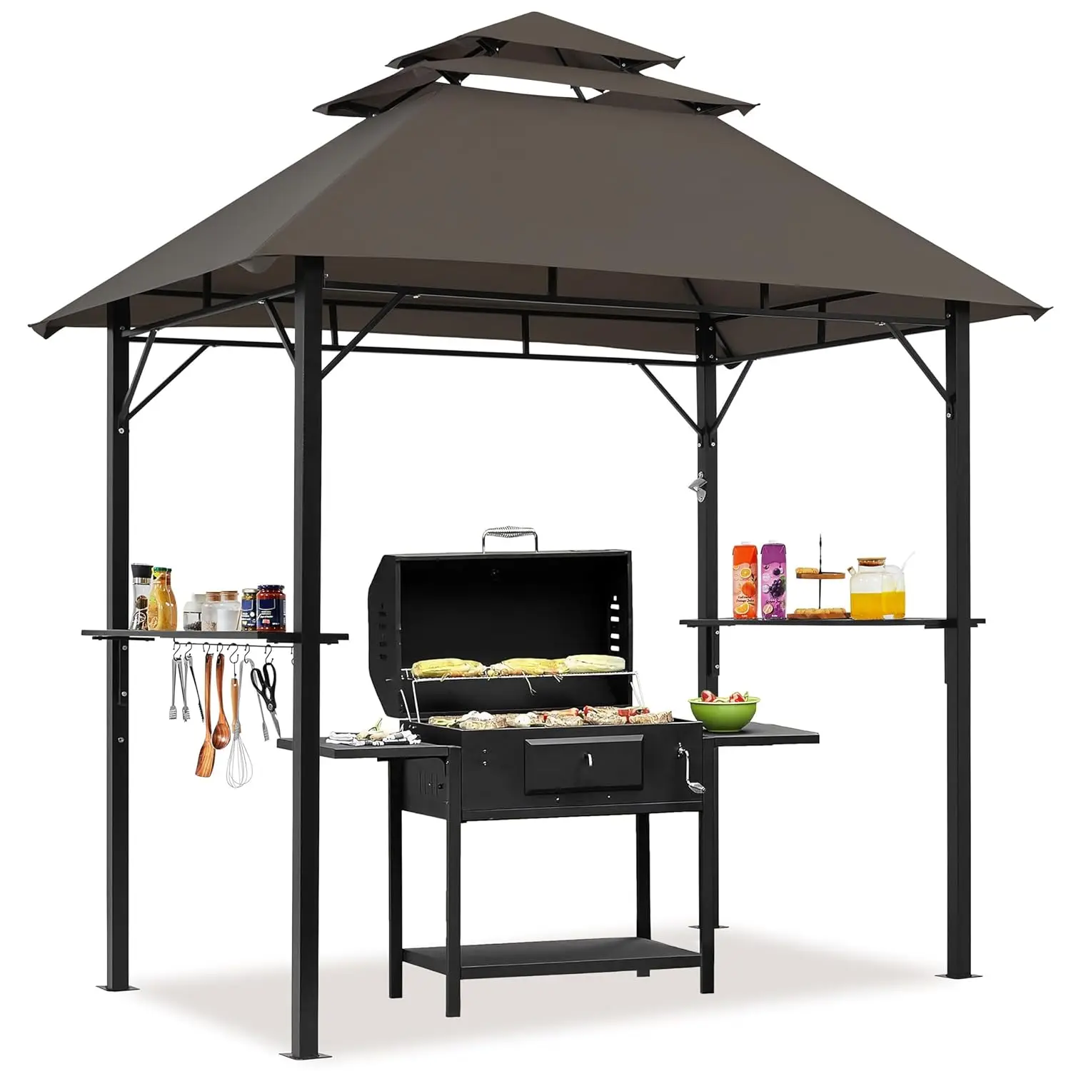 

8x5' Grill Gazebo, 3-Tier Outdoor BBQ Gazebo with Height-Adjustable Shelves & 10 S-Shaped Hooks & Built-in Bottle Opener, Brown
