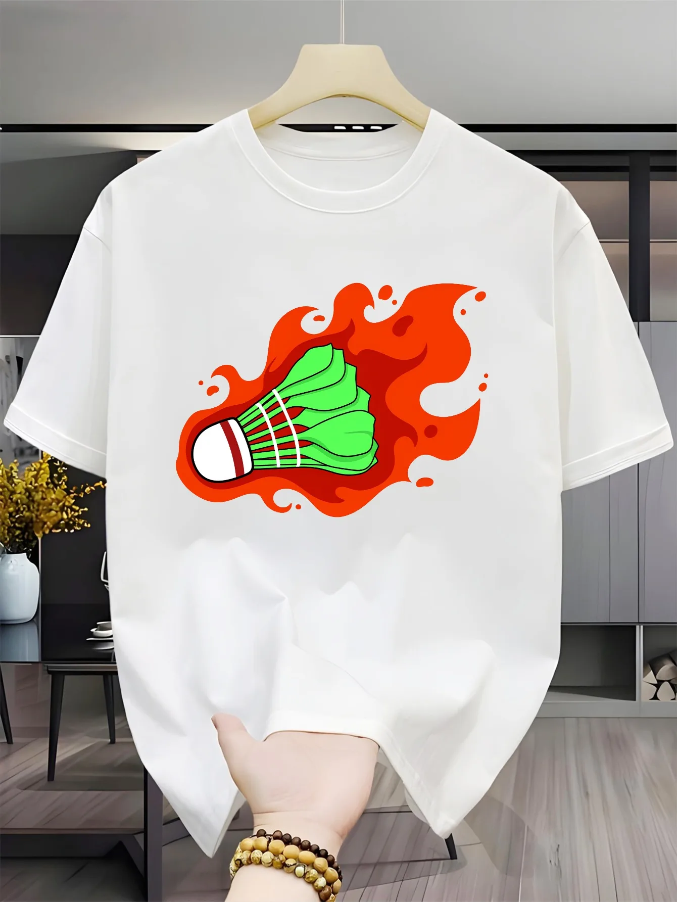 Cartoon Fire Shuttlecock Print Men Short Sleeve Tshirt Badminton Design O Neck Tee Sports Fan Casual Male Street Fashion Tops
