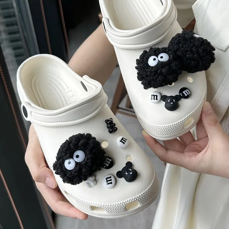 DIY Black Plush Ball Shoes Charms for Furry Ball Cute Hole Shoe Charms Designer Lovely Accessories All-match Hot Sale 2024
