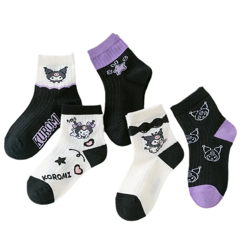 5 Pairs Sanrio Kuromi Socks Spring and Summer Thin Breathable Kuromi Childrens Girl Sock Purple Movement Mid-calf Cotton Sock