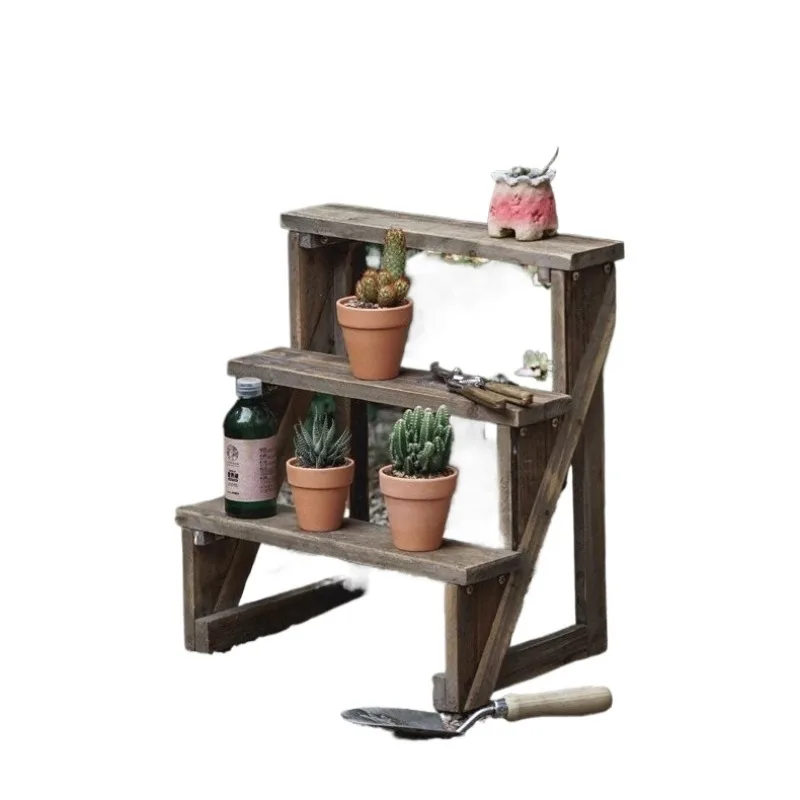 

Three-layer stepped small flower stand Solid wood balcony Garden potted plant rack